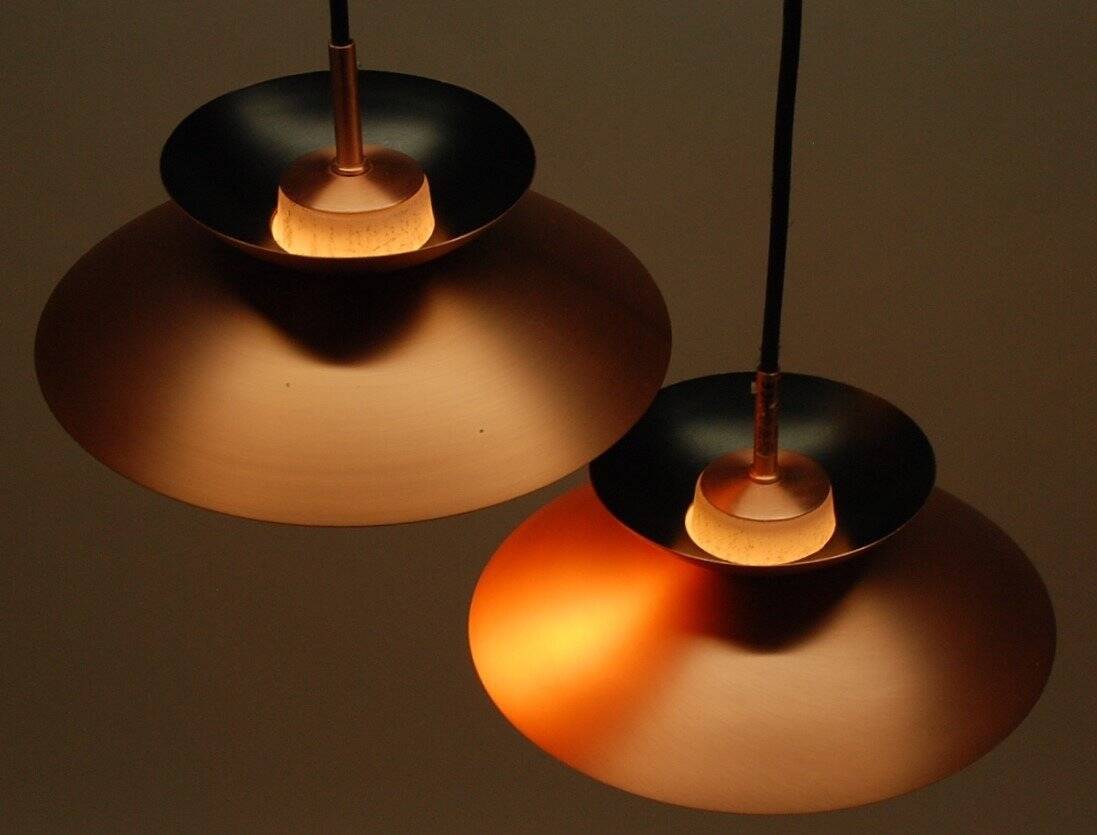 2 Danish pendant lights in copper and glass