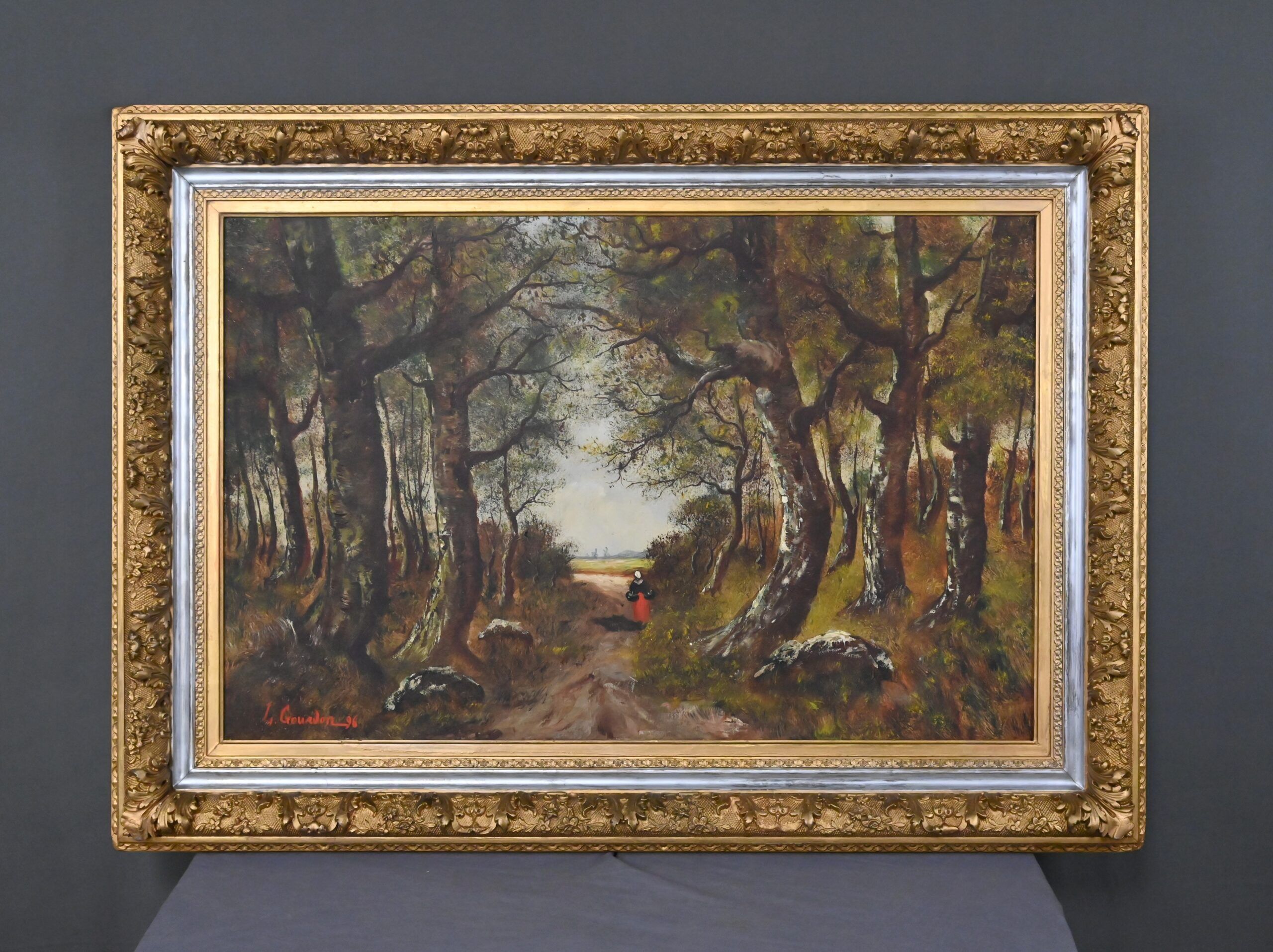 Important painting "Stroll in the Underwood", oil on canvas, signed L. Gourdon – 1896