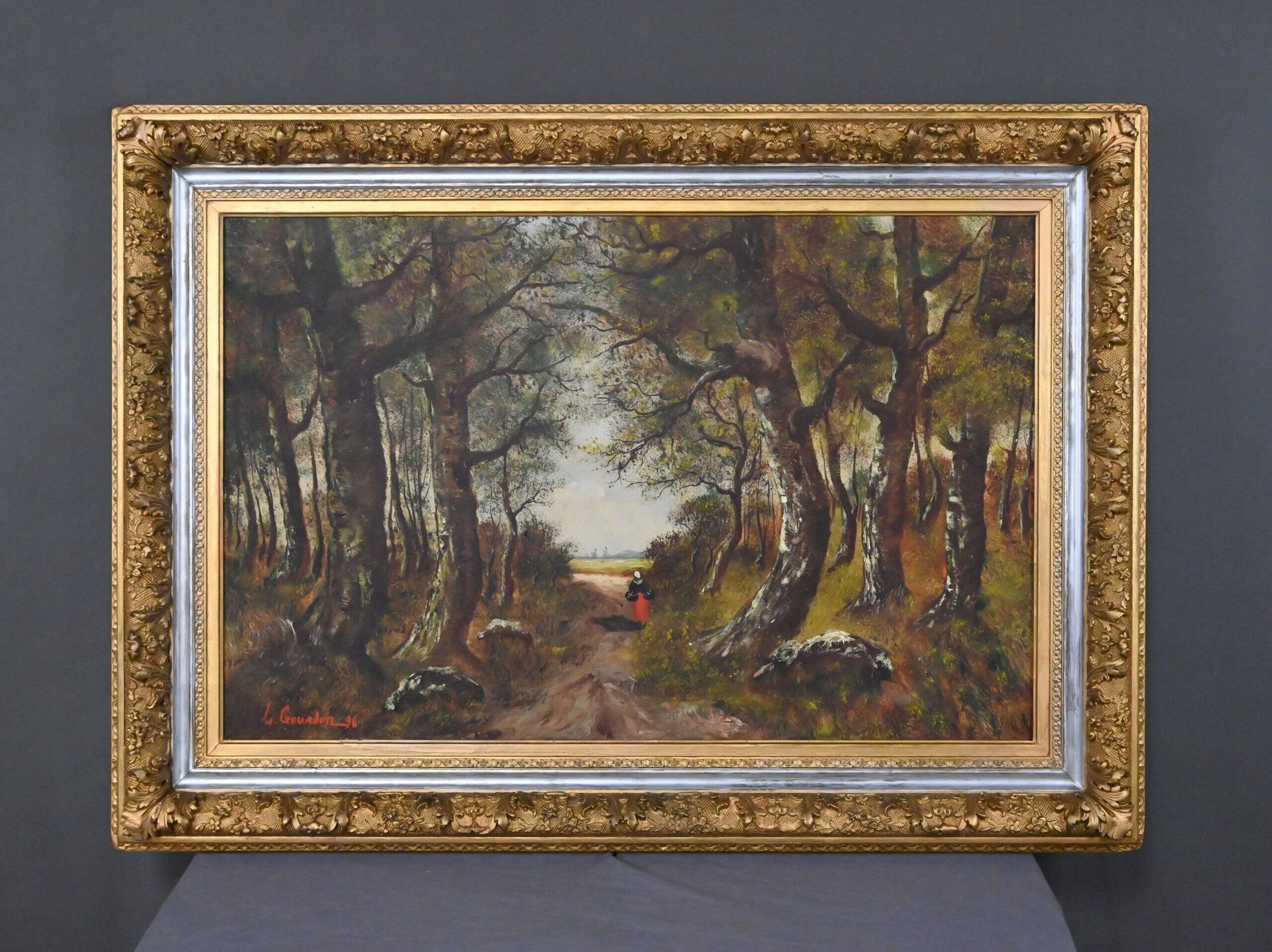 Important painting "Stroll in the Underwood", oil on canvas, signed L. Gourdon – 1896