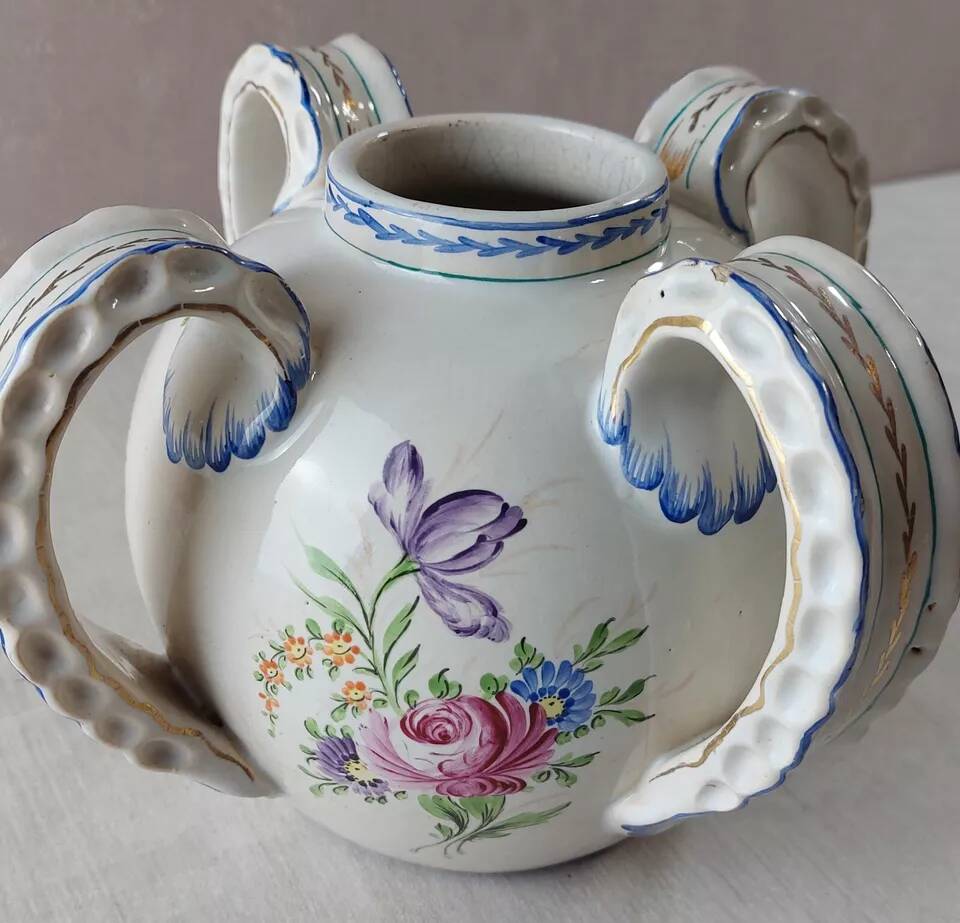 Old vase decorated with flowers, in ceramic, Roger Colas, from Clamecy