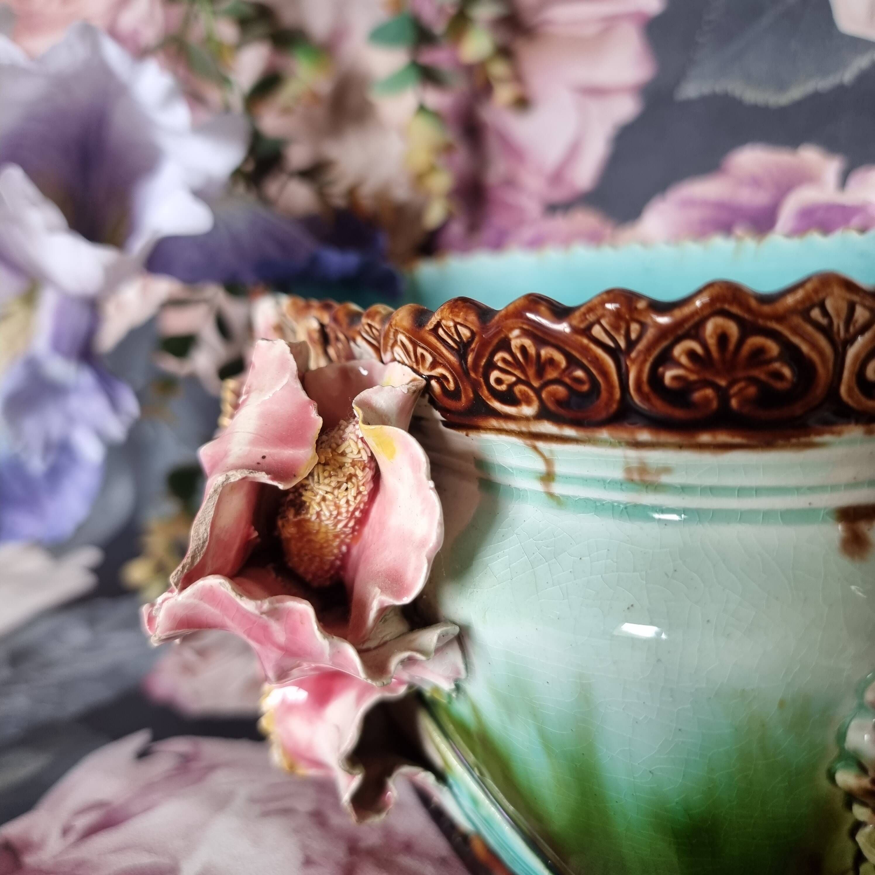 19th century French Art Nouveau planter in barbonite ceramic and m