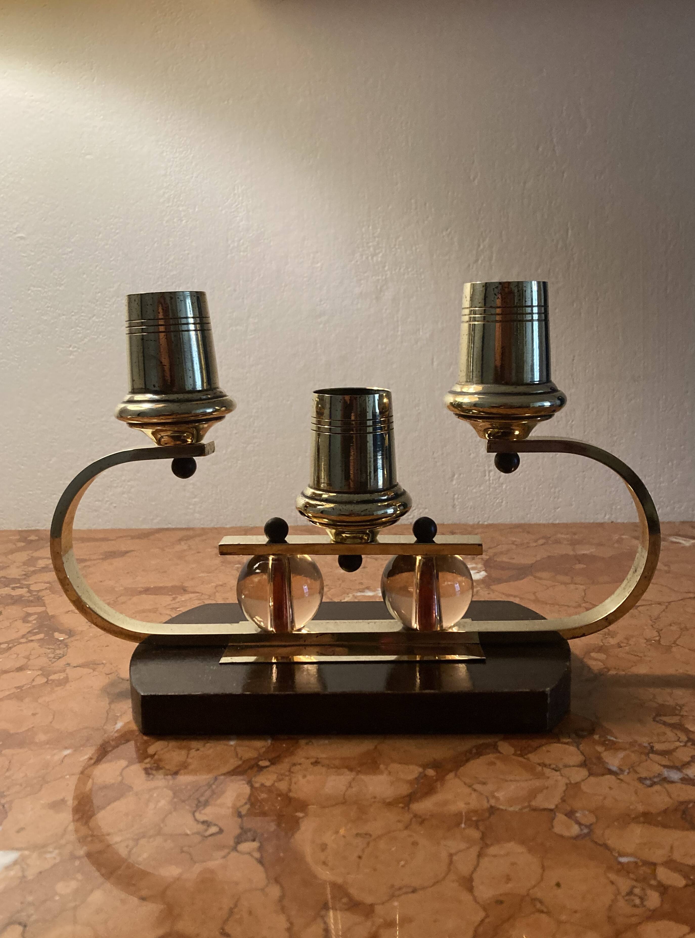 Art Deco candle holder in wood and brass