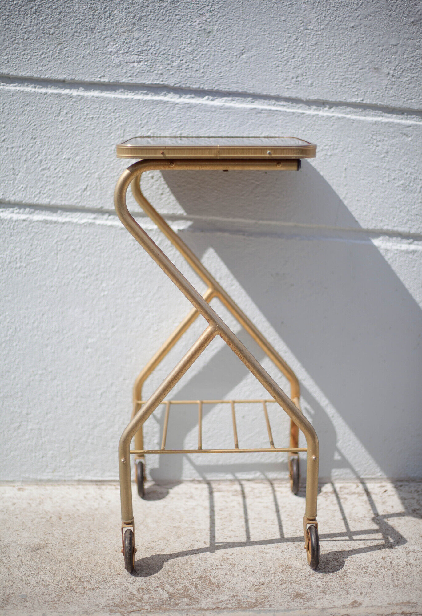 Metal wheeled tray with formica top, vintage wheeled cabinet, vintage side table