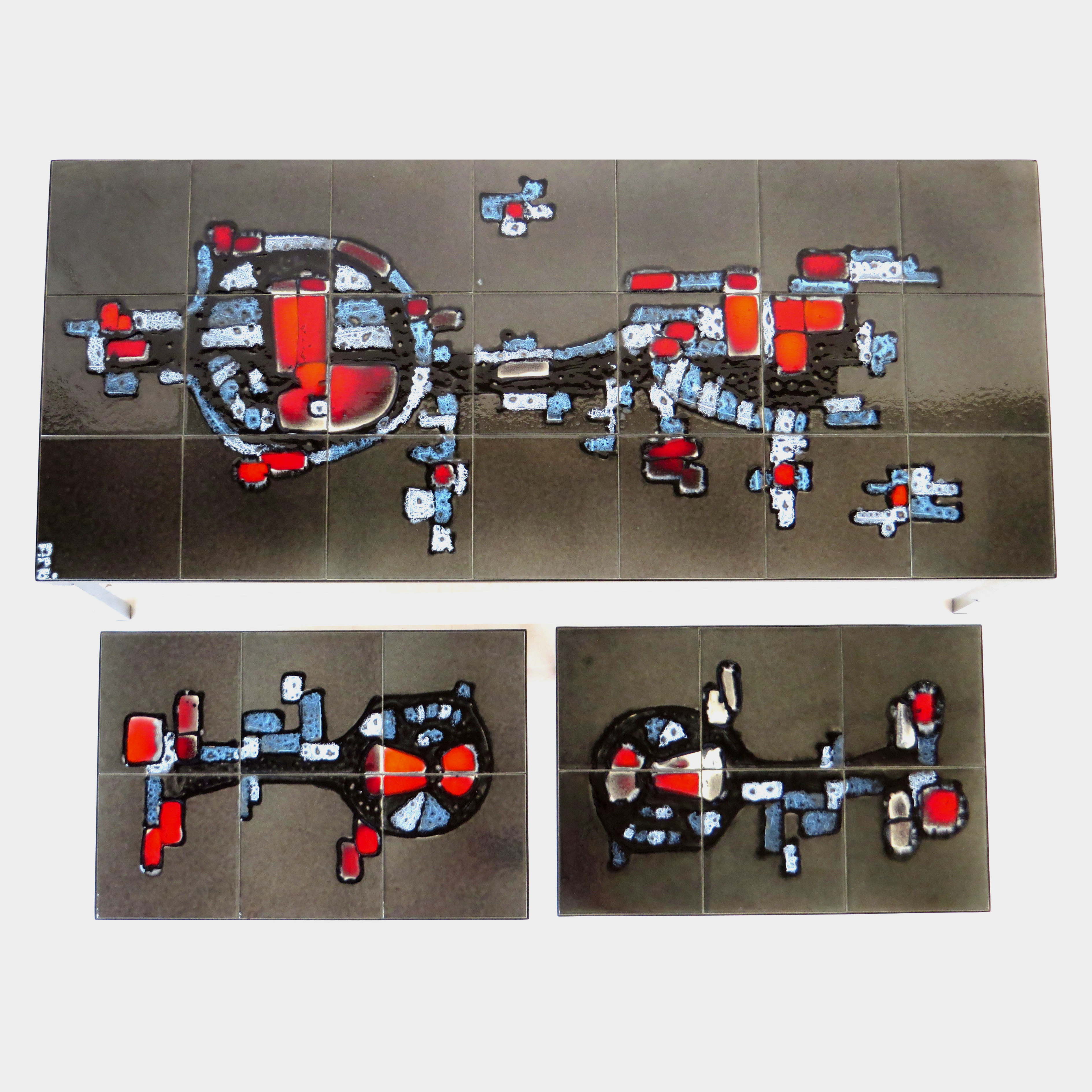 Vintage Adri Belgique ceramic nesting tables mimiset: 1 coffee table and 2 sidetables, 1960s