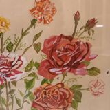 Old painting, gouache on paper, flowers, roses and carnations, framed, under glass.
