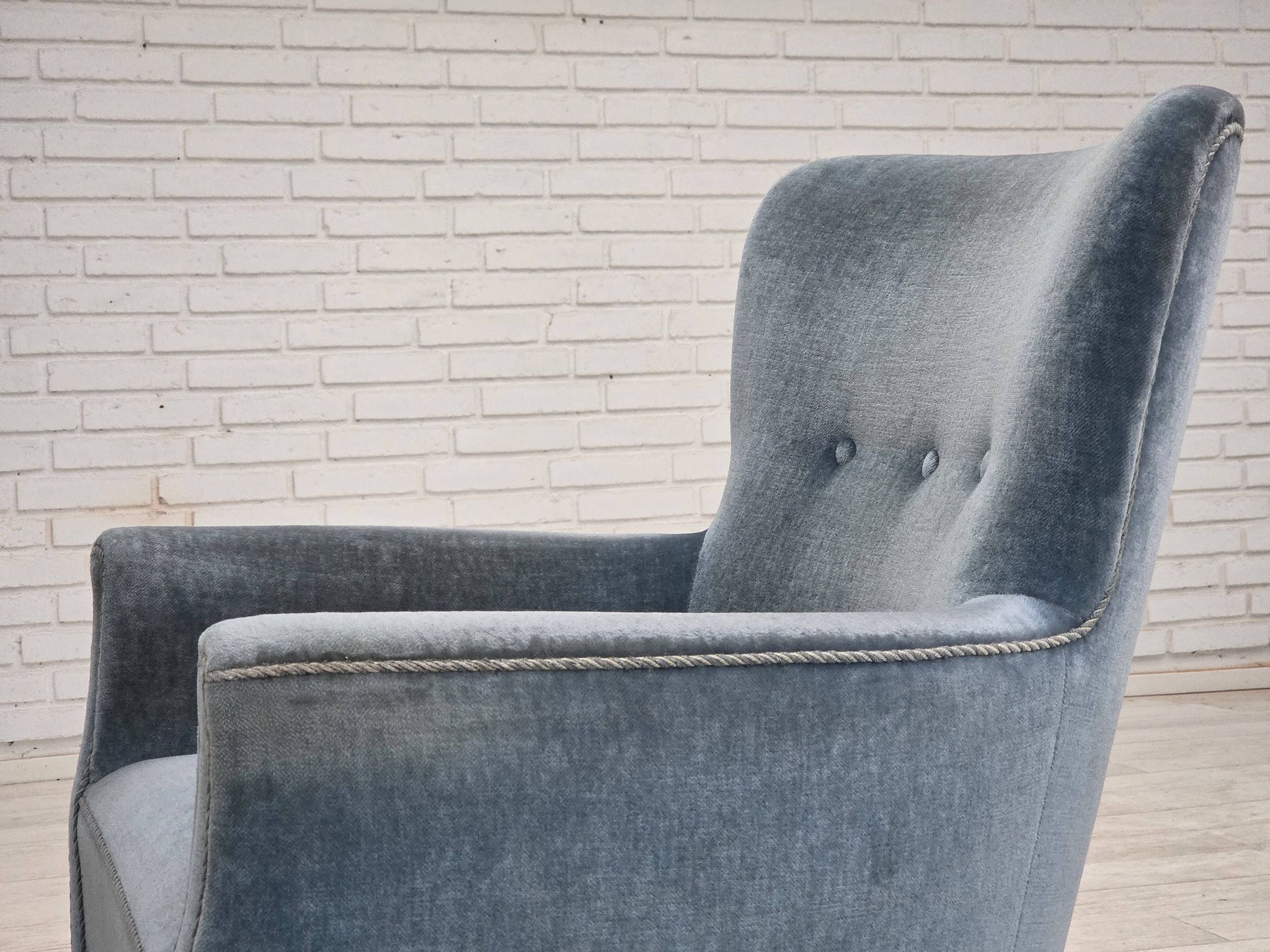 1970s, Danish armchair with footstool, blue furniture velour, oak wood legs