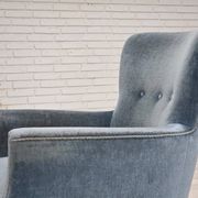 1970s, Danish armchair with footstool, blue furniture velour, oak wood legs
