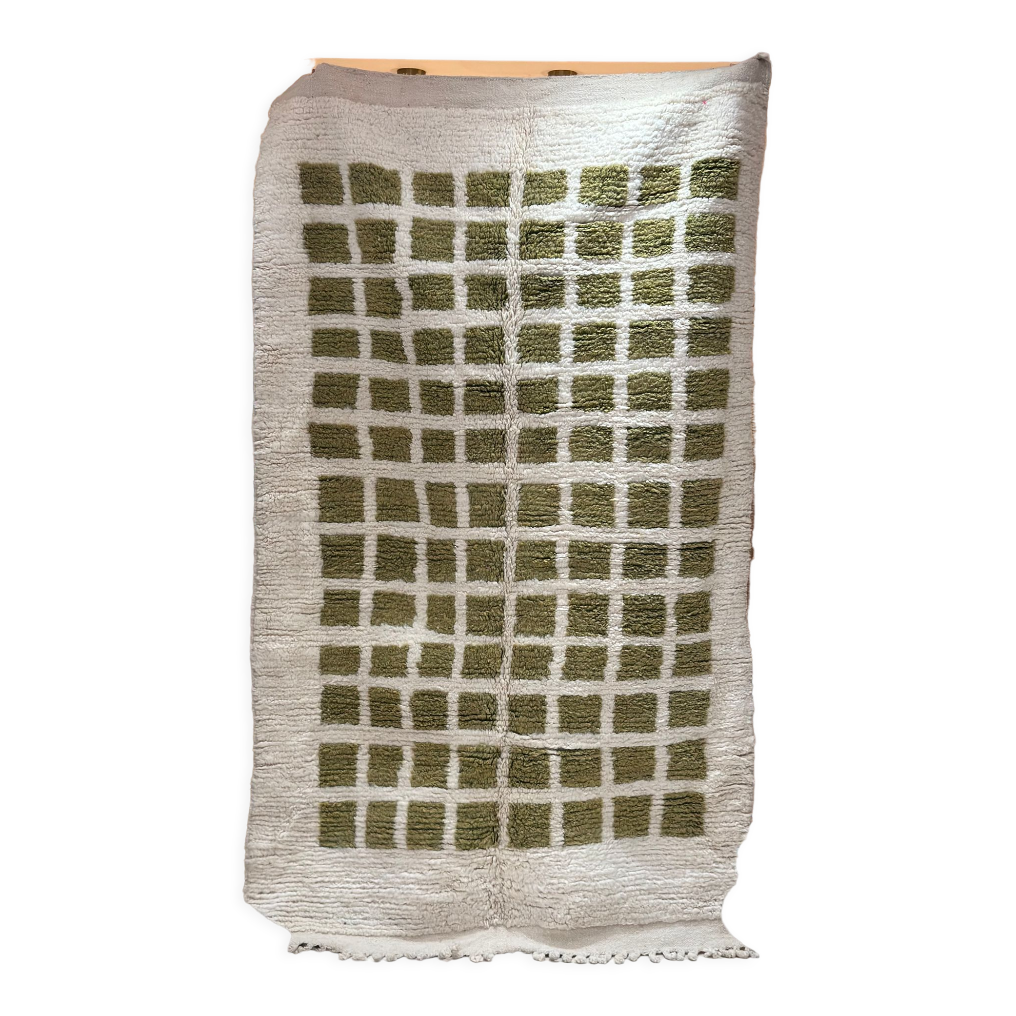 Tapis berbère beni ouarain marocain pure laine graphique contemporain blanc vert