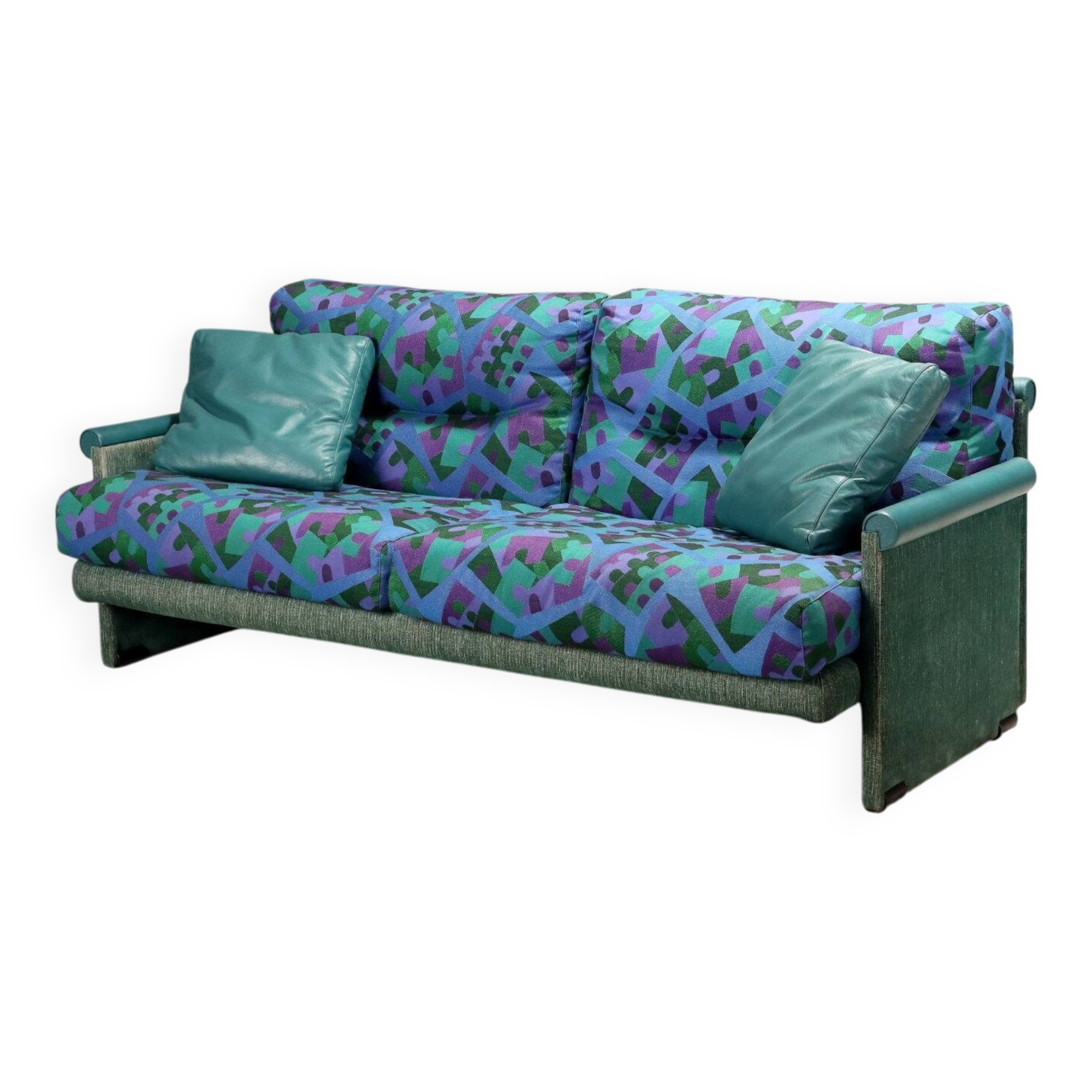 Canapé vintage deux places tissu fantaisie cuir design années 80 original