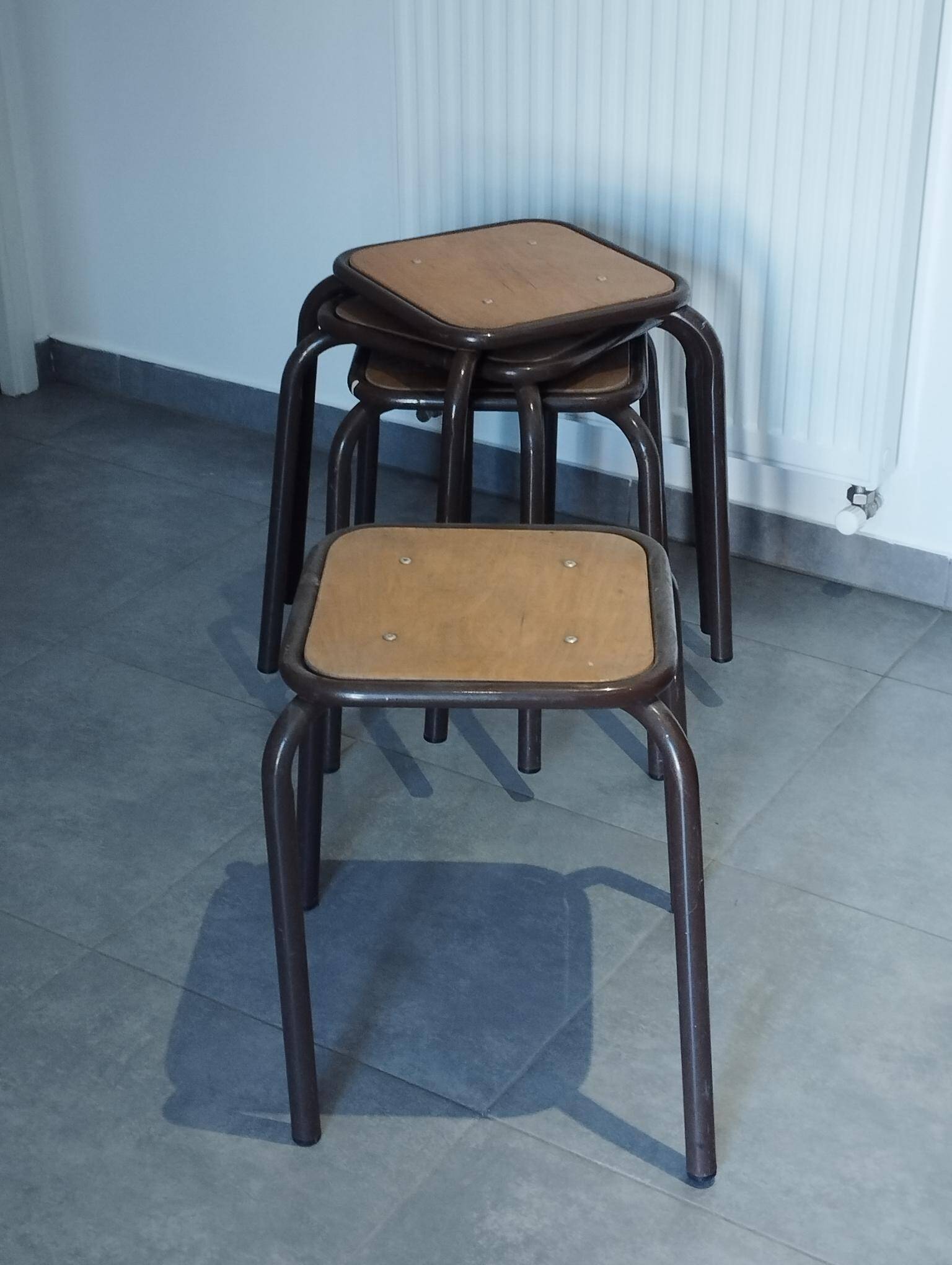 4 vintage industrial Mullca stools, workshop, school