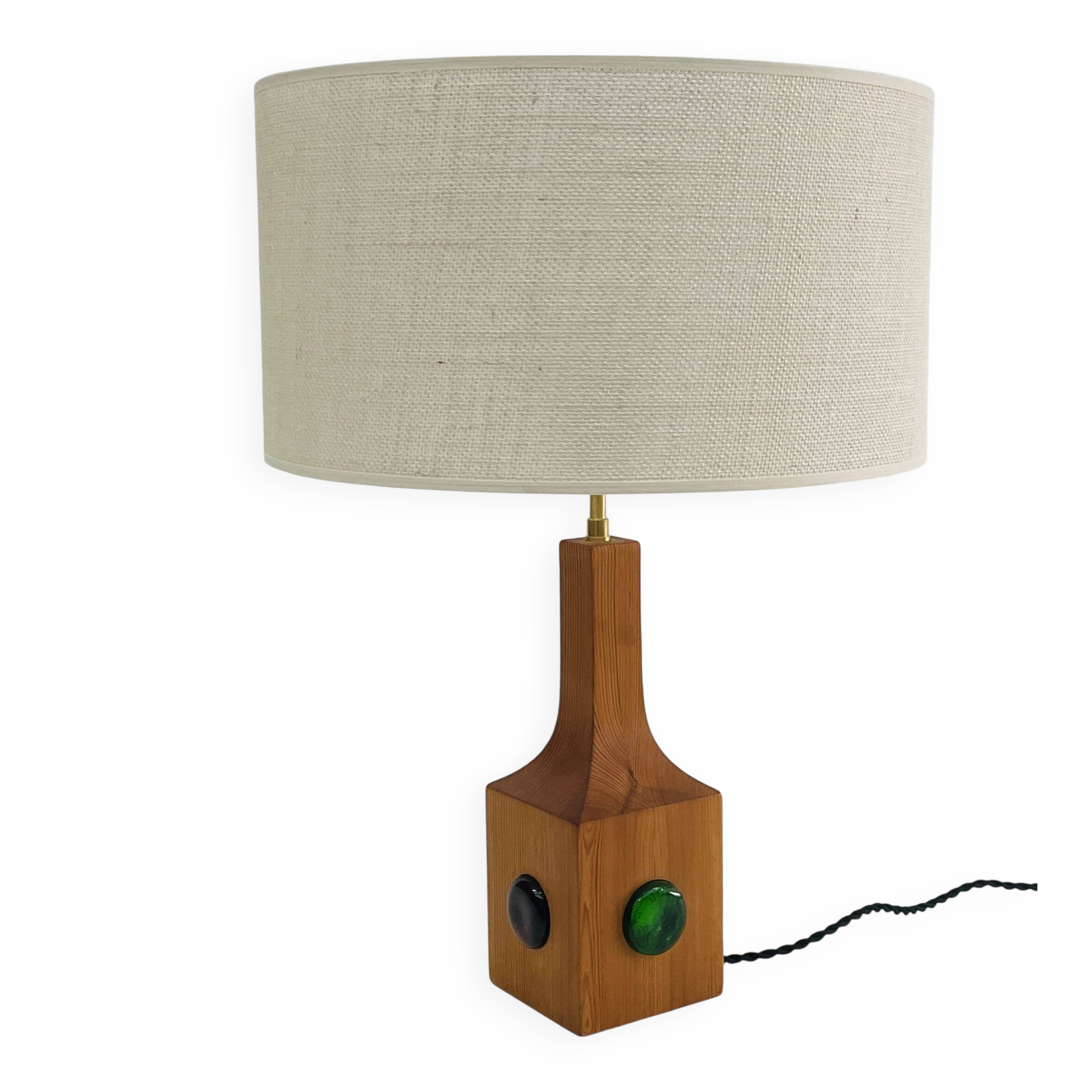 Swedish wooden lamp with glass paste cabochons, 1960s-70s