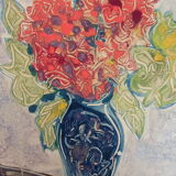 Tableau de manfredo borsi. gouache. 1949. bouquet dans vase bleu