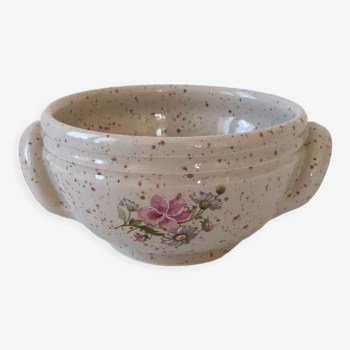 Bol Vallauris en céramique décor floral rose et vert sur fond beige moucheté gris/marron