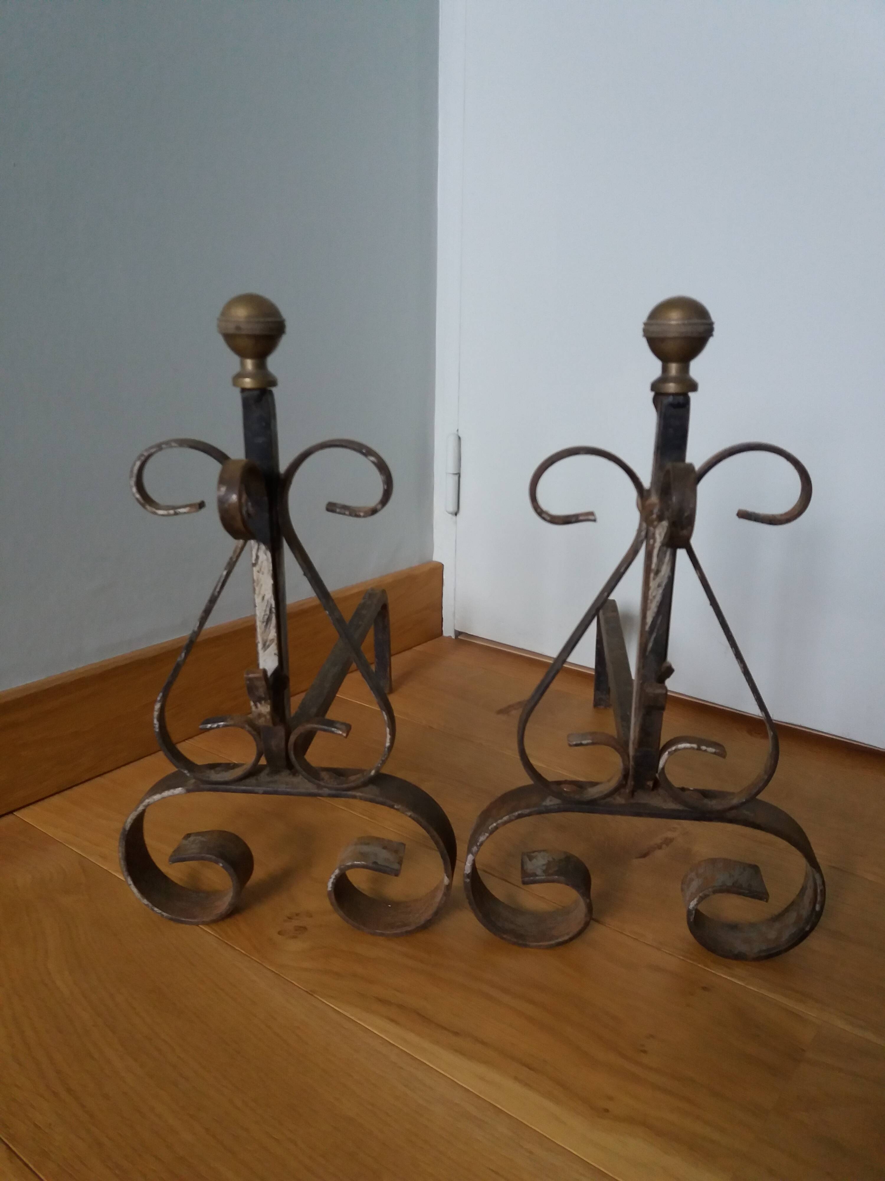 Chenets tête boule bronze doré