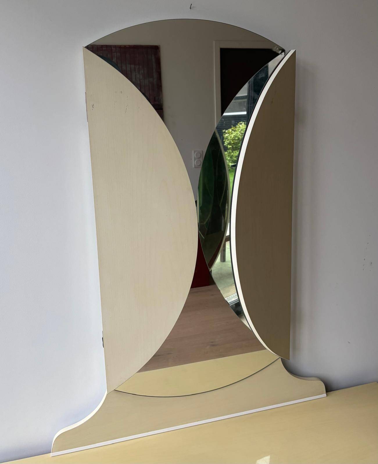 1970s/80s Formica hairdresser's dresser with a folding triptych round mirror.