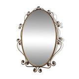 Oval mirror in gilded brass and floral horn, 1950s