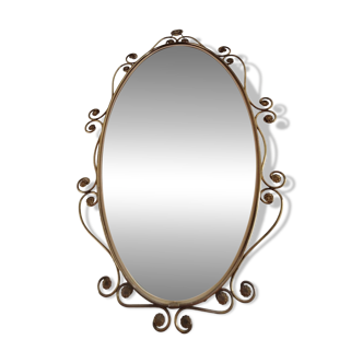 Miroir ovale en laiton doré et de cor floral, Années 1950