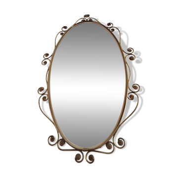 Oval mirror in gilded brass and floral decor, 1950s