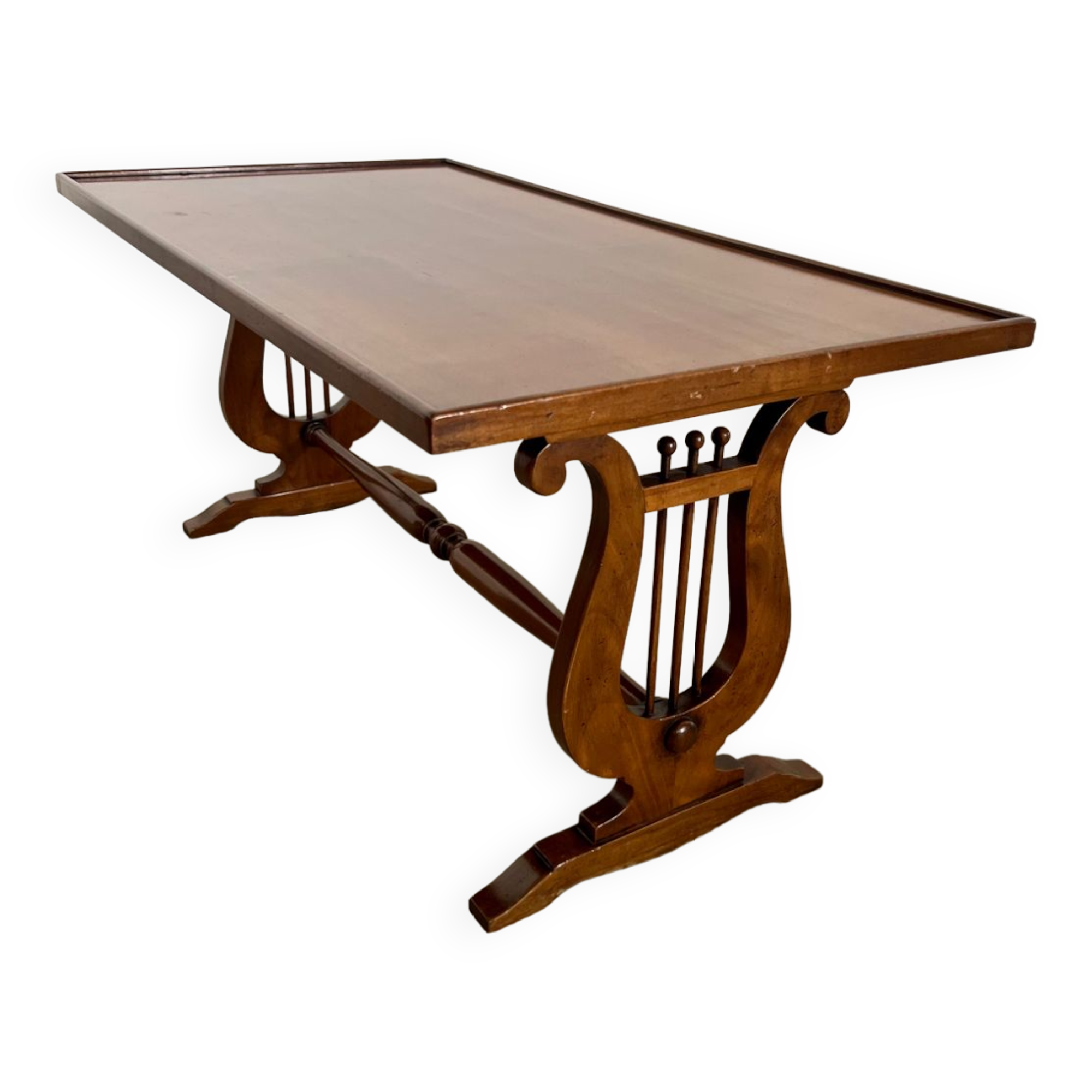 Old rectangular wood coffee table with lyre side posts