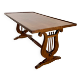 Old rectangular wood coffee table with lyre side posts