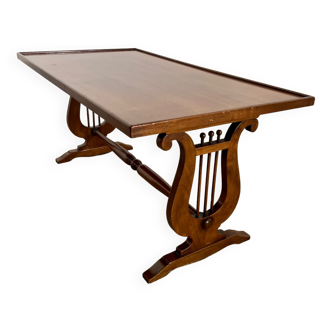 Old rectangular wood coffee table with lyre side posts