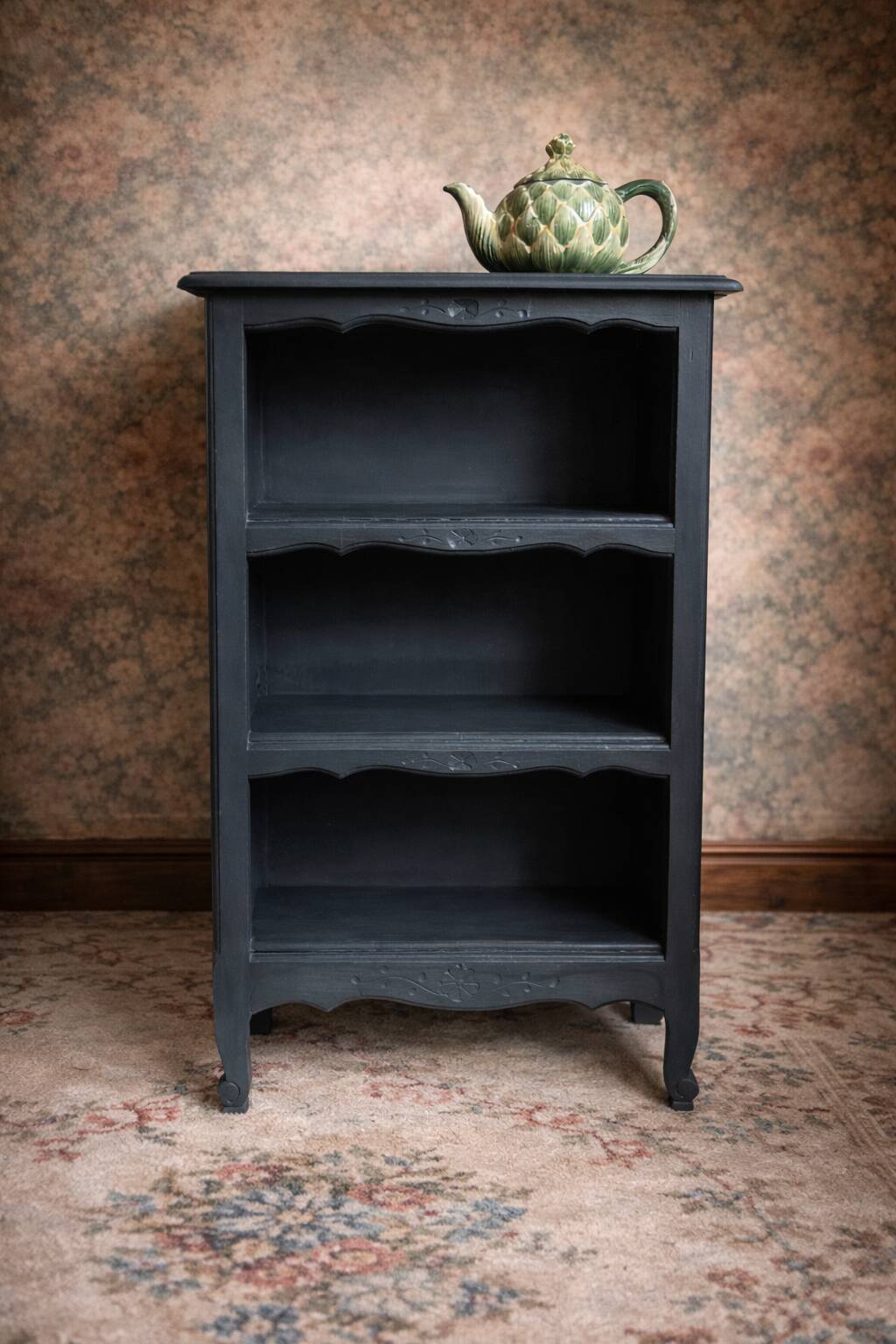 Antique mini oak bookcase – small 19th-century library with slate patina, a lovely rarity.