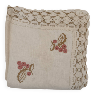 Linen tablecloth, lace surround, hand embroidered.