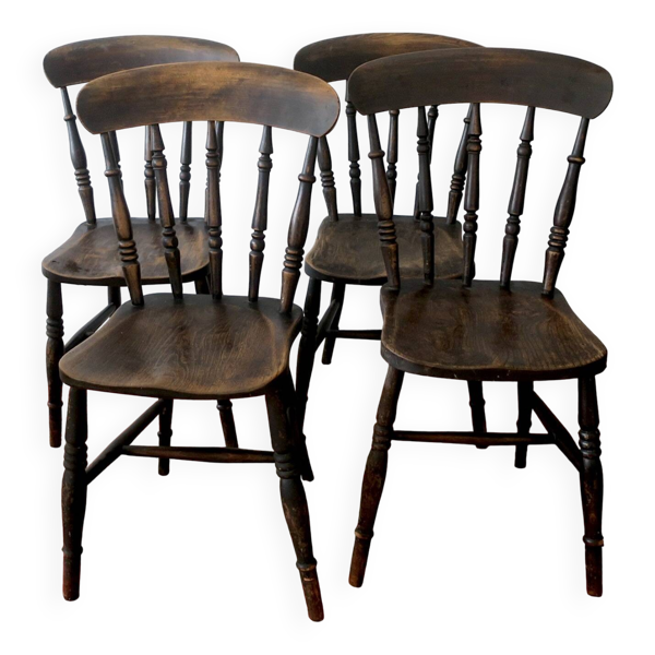 Lot de 4 chaises de salle à manger anciennes en chêne patiné, XIXe siècle