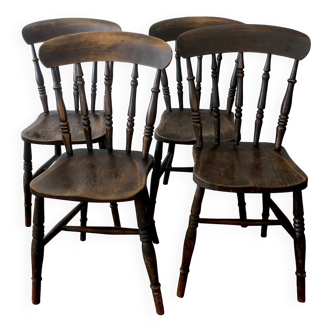 Lot de 4 chaises de salle à manger anciennes en chêne patiné, XIXe siècle