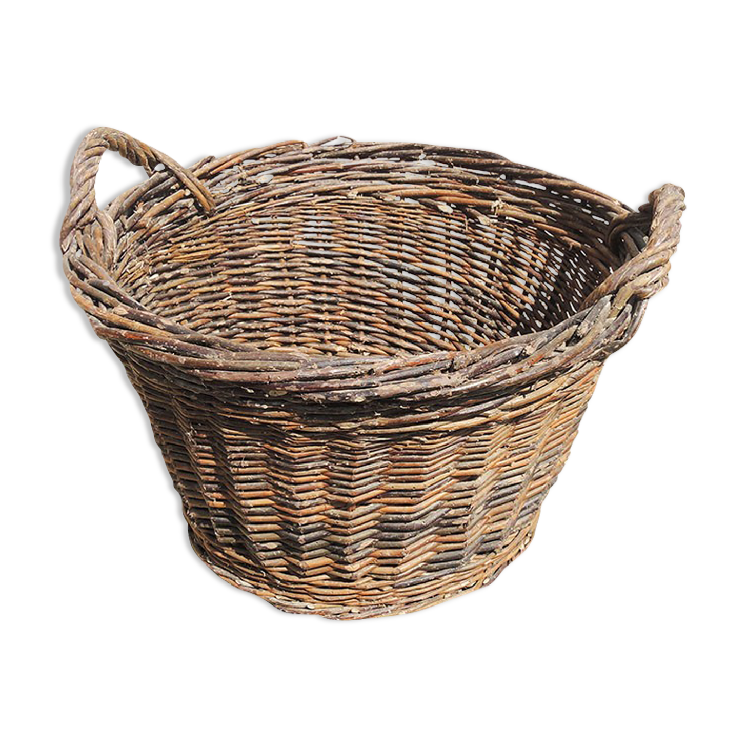 Old round wicker linen basket, dark rattan