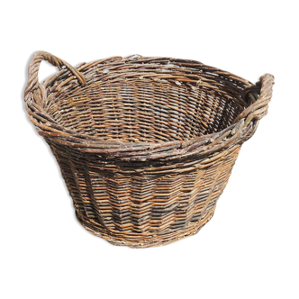 Ancien panier à linge rond en osier, rotin foncé