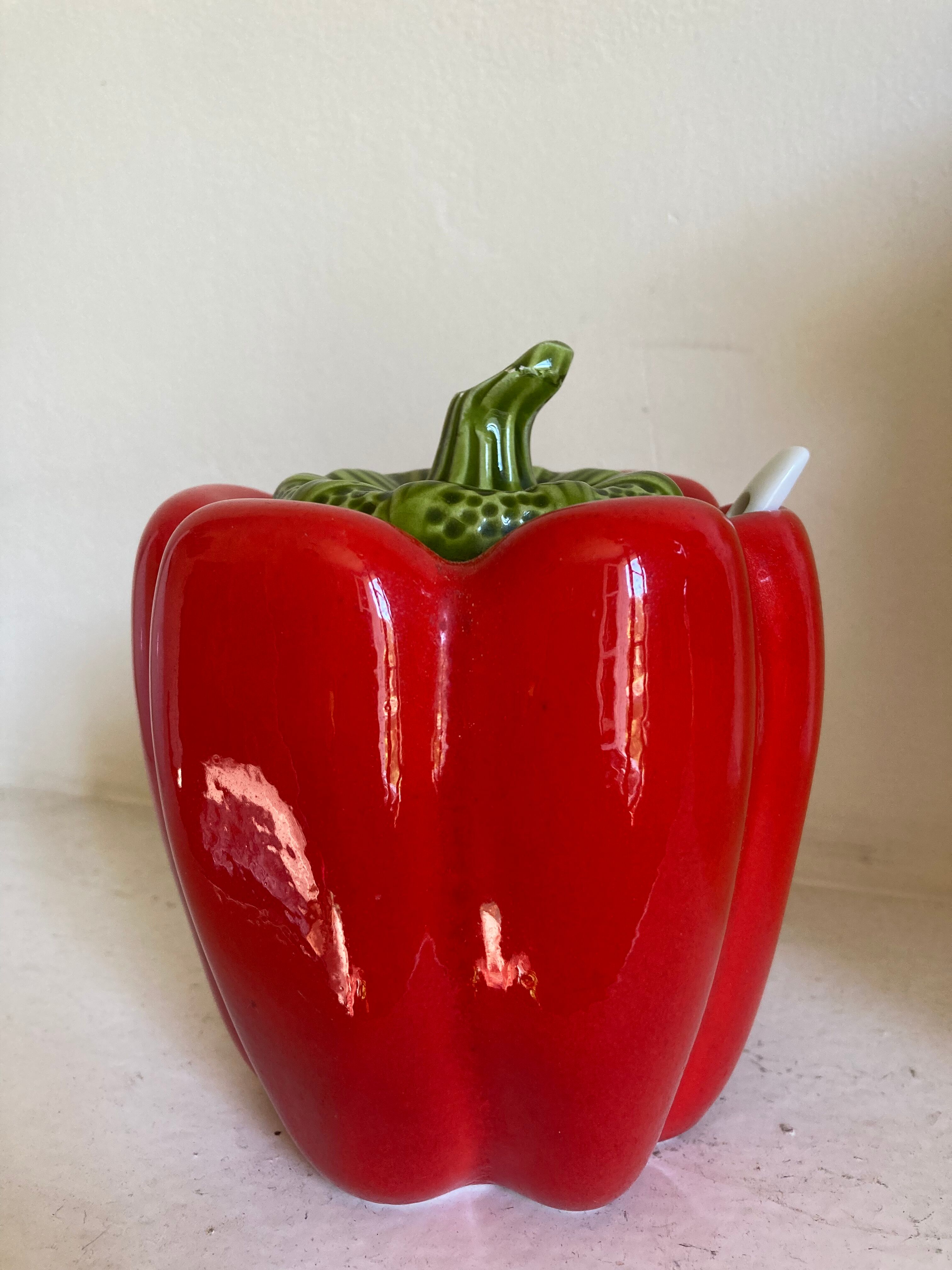 Vintage pepper slip / red and green ceramic covered pot / sugar bowl