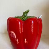 Vintage pepper slip / red and green ceramic covered pot / sugar bowl