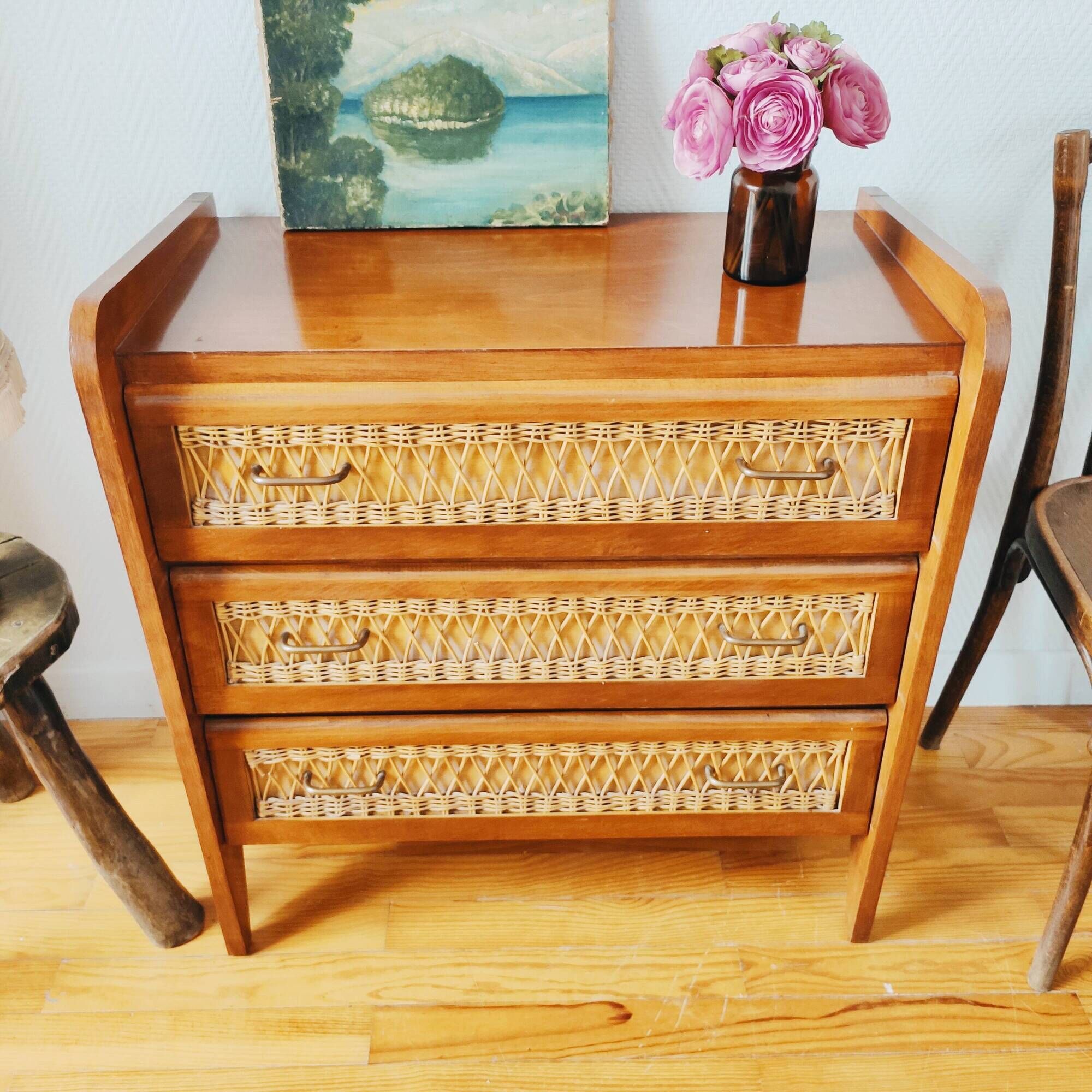Vintage 1950 wood and rattan chest of drawers