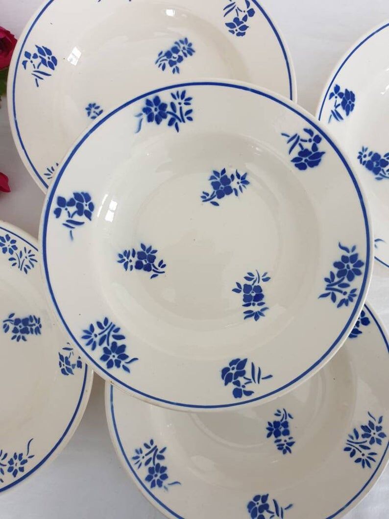5 assiettes creuses anciennes modèle floral de la manufacture française de Badonviller