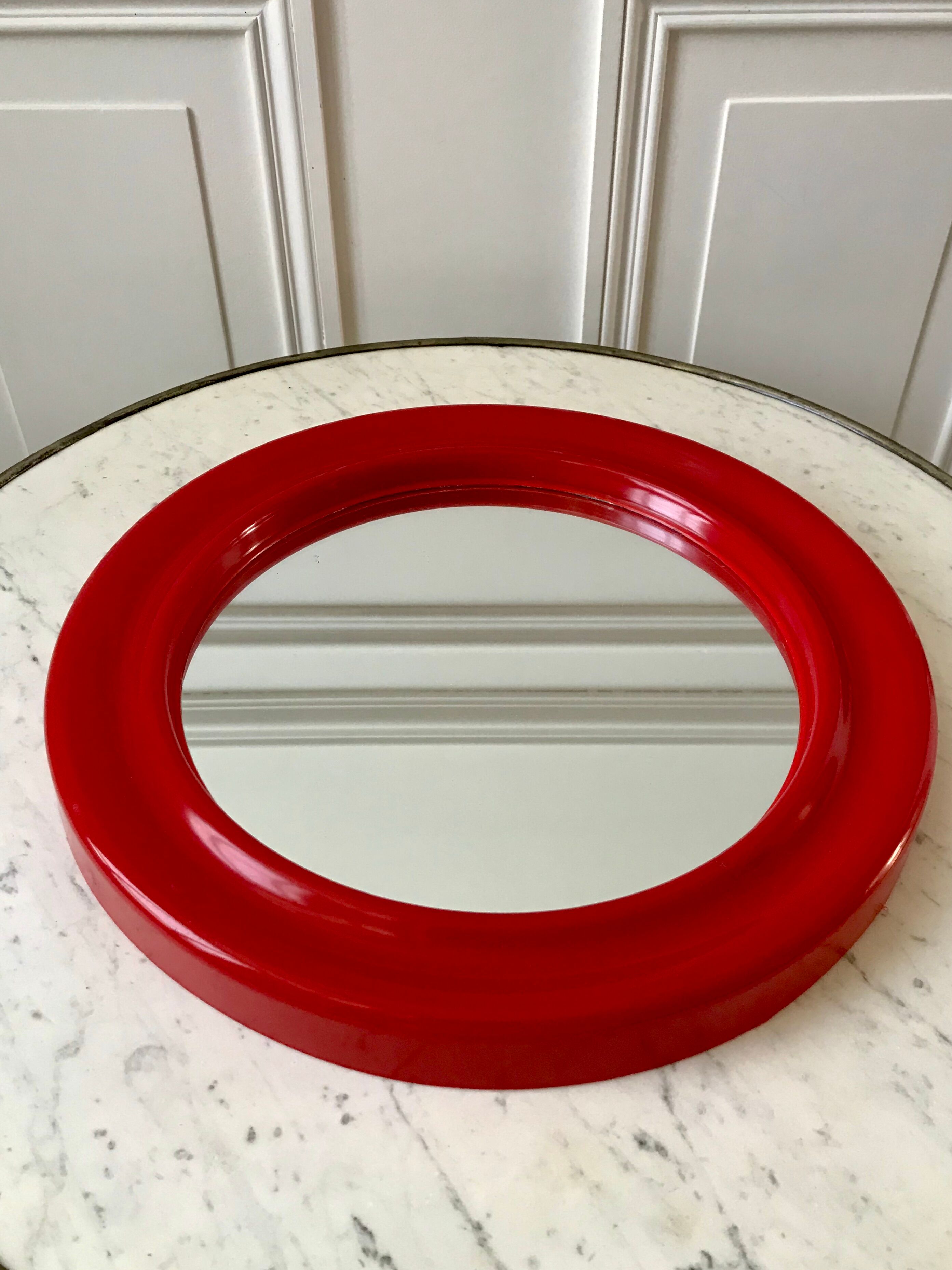 1970s red round plastic mirror