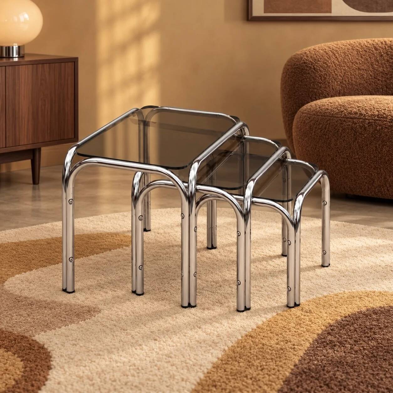 Set of nesting tables in chrome metal and smoked glass – 1970s design furniture
