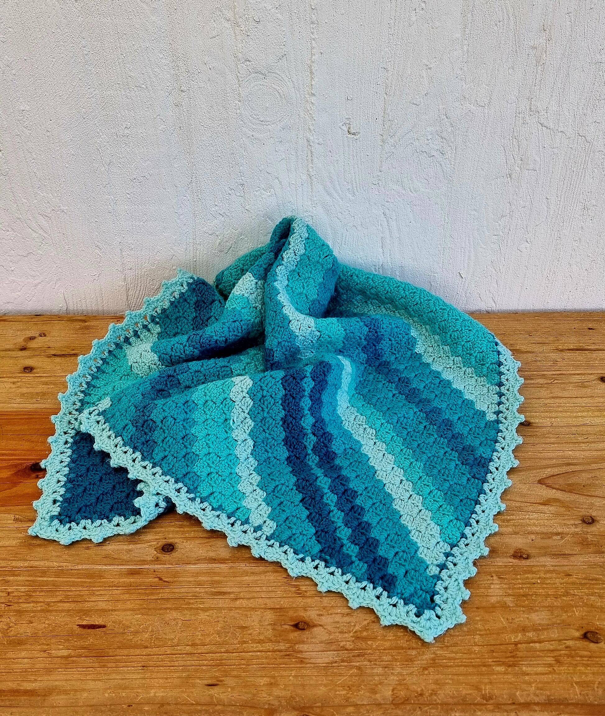 Vintage turquoise and lagoon blue crochet children's blanket