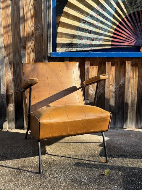 4 camel faux leather armchairs, 1950s