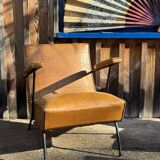 4 camel faux leather armchairs, 1950s