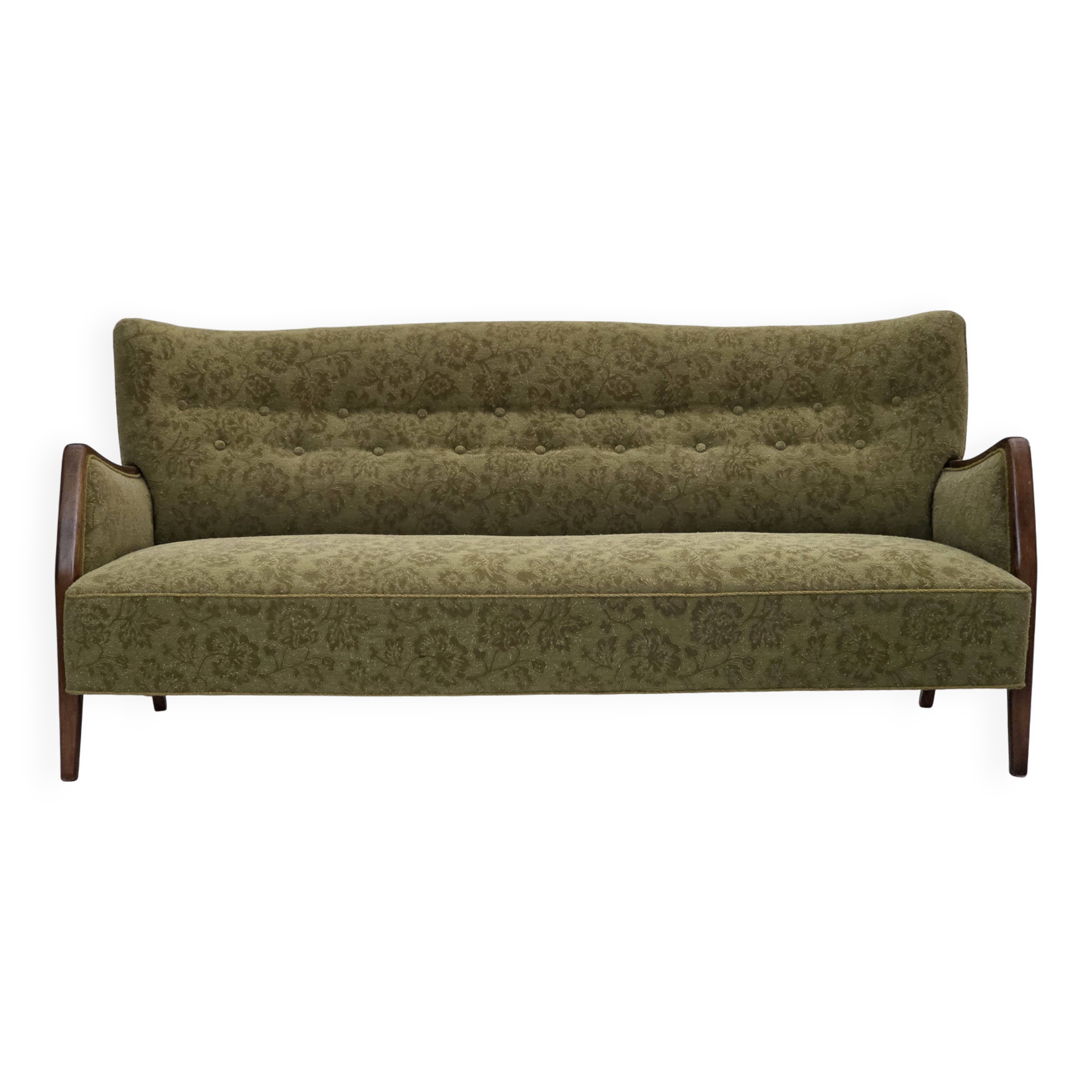 1960s, Danish 3-seater sofa, green furniture velour, ash wood legs.