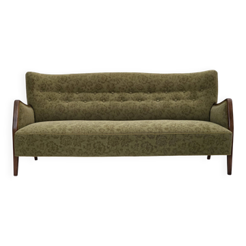 1960s, Danish 3-seater sofa, green furniture velour, ash wood legs.