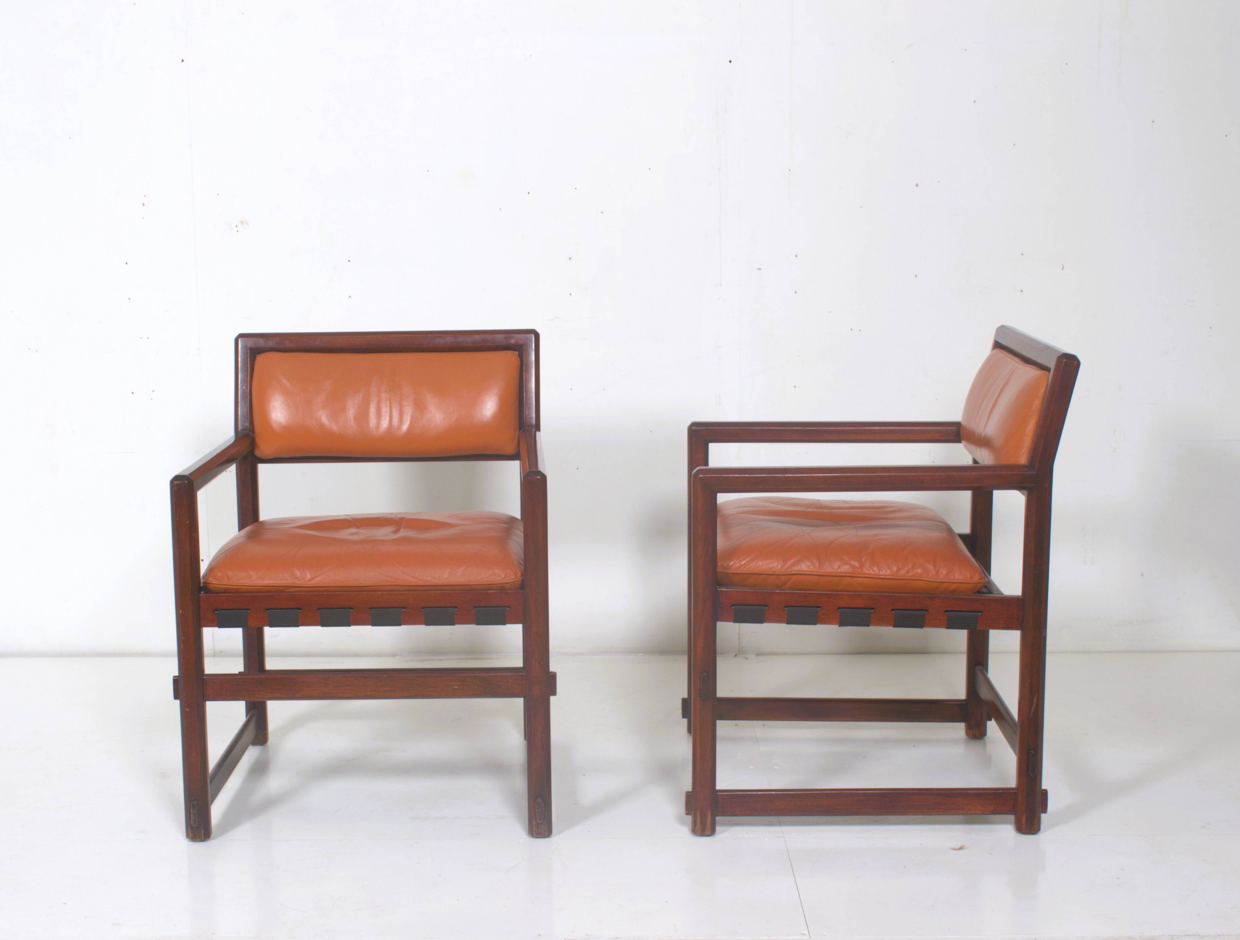 Pair of small leather dining seats or chairs by Edward Wormley