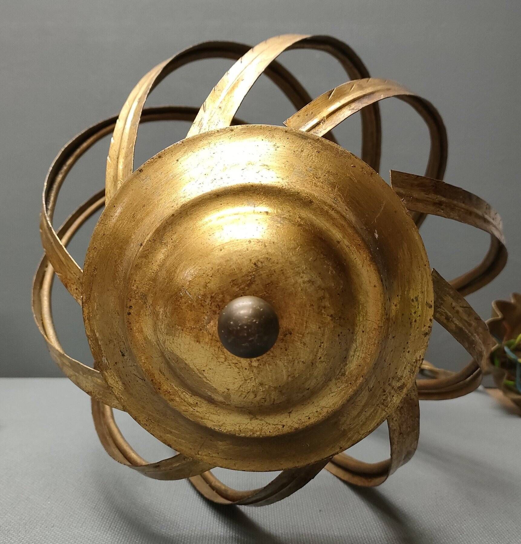 Large Italian Foliage Cage Chandelier - 1960s Art Crafts - Gold Metal