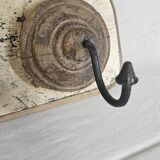 Antique teak coat rack with 3 wrought iron hooks