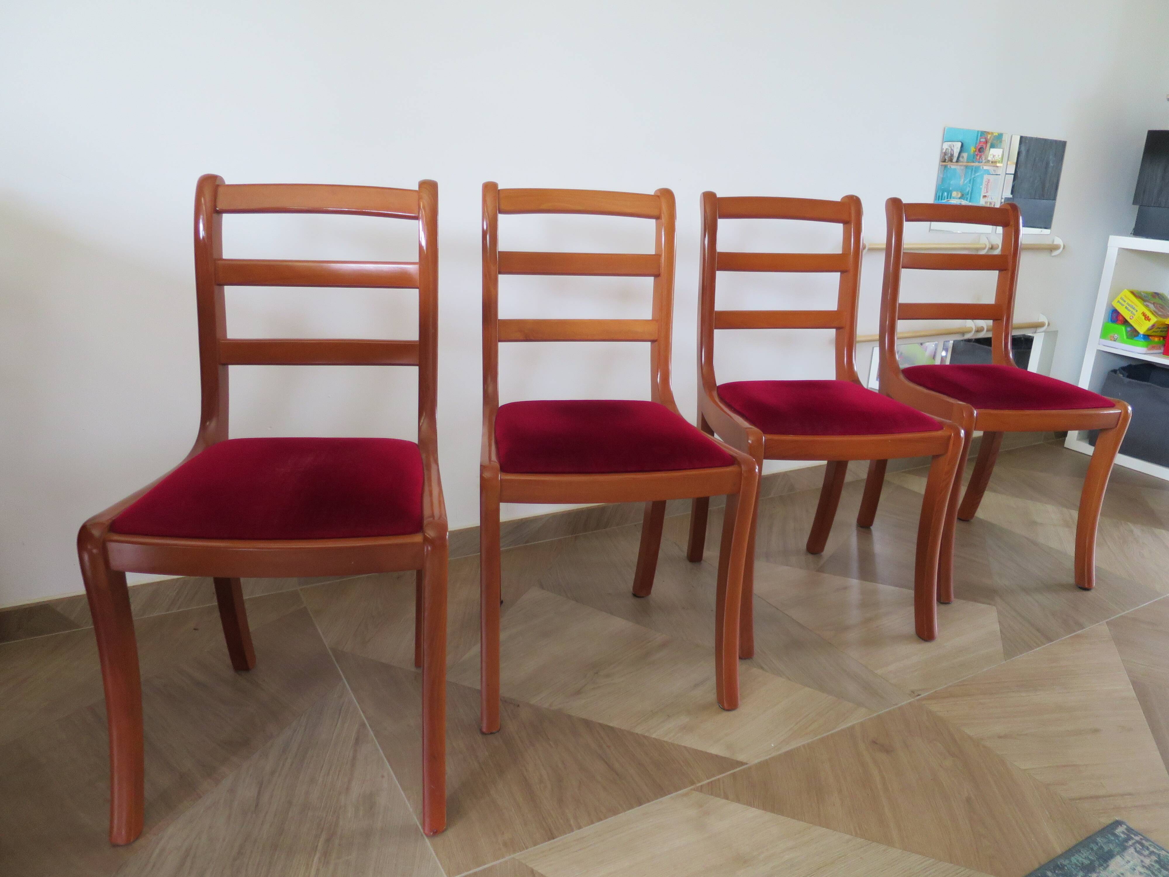 Solid cherry wood chairs and red velvet seat - Set of 4 - Louis Philippe style