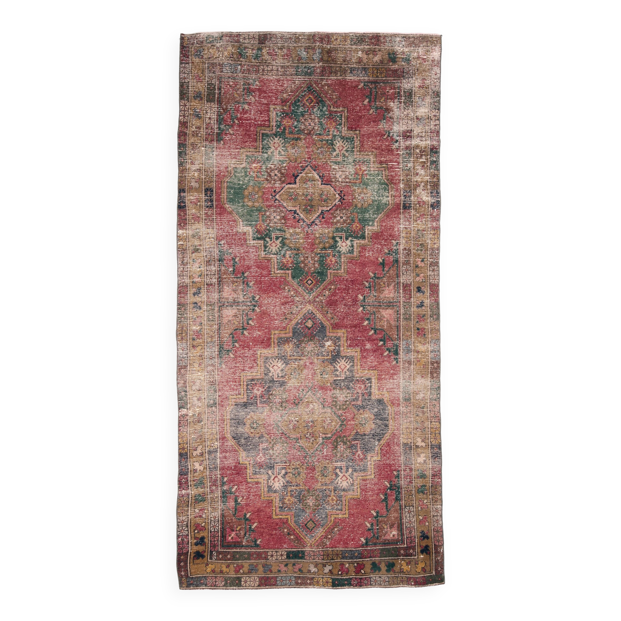 4x9 Shades Of Red & Green Oriental Turkish Vintage Rug, 134x284Cm