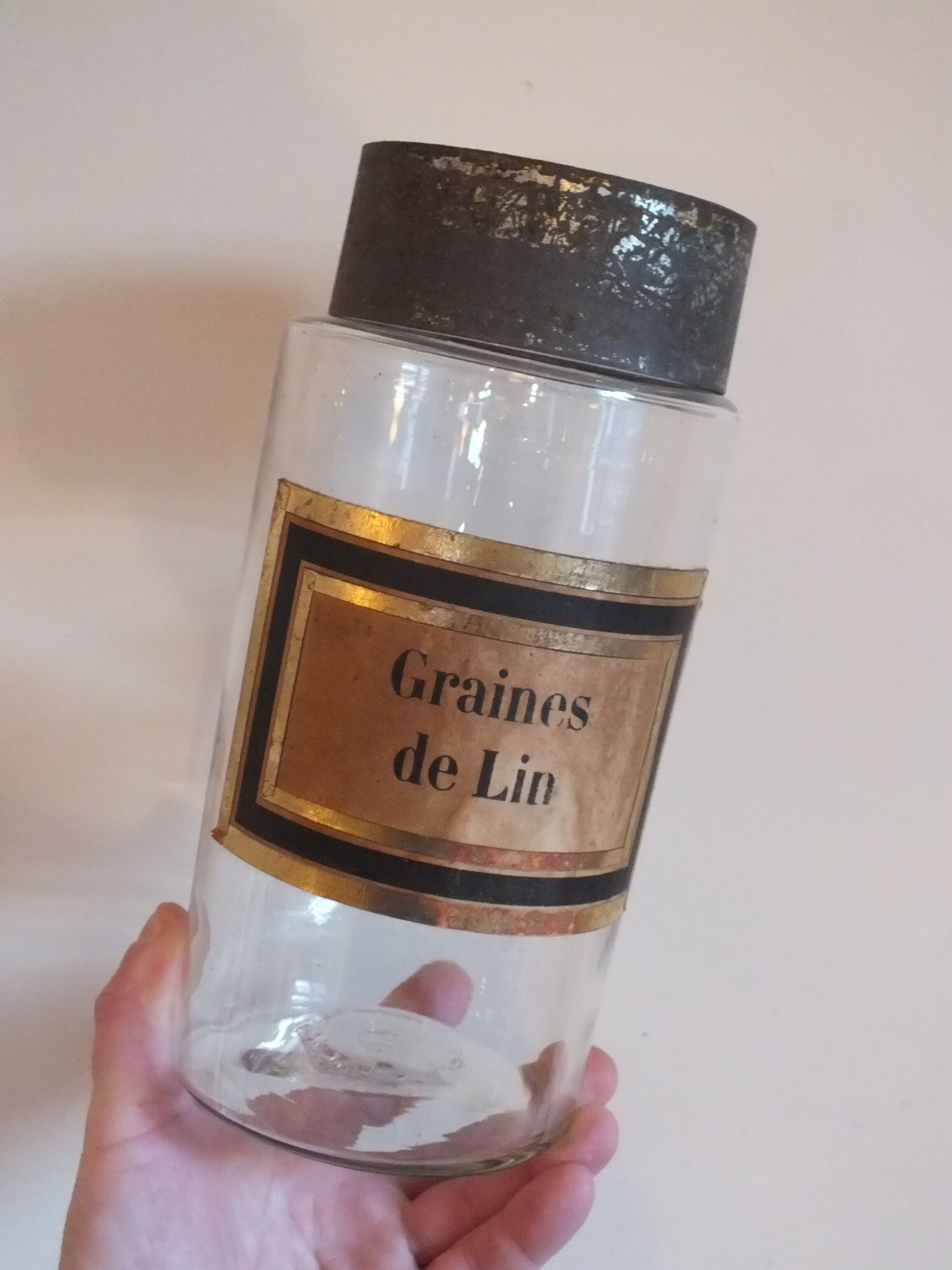 Old medicine jar - glass apothecary: Flax seeds