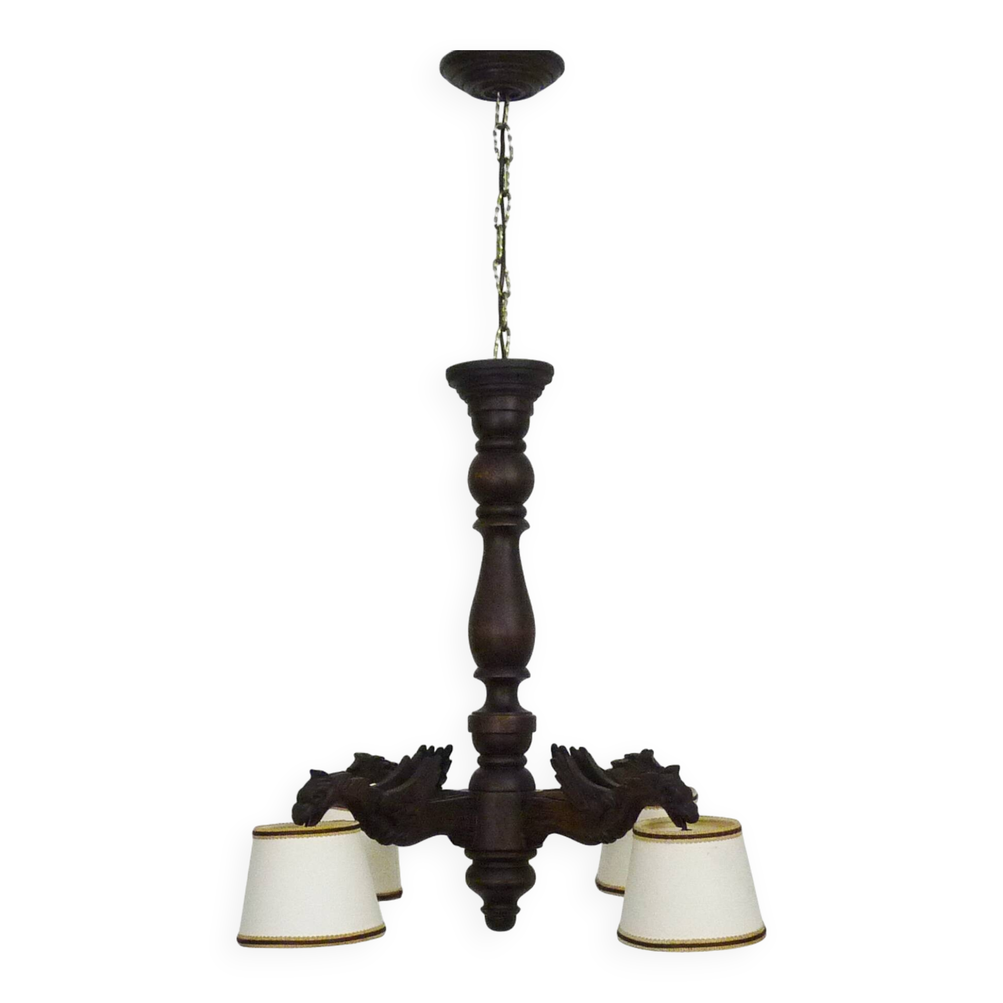 Antique hand-carved wooden dragon chandelier with 4 lights from the 1950s