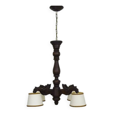 Antique hand-carved wooden dragon chandelier with 4 lights from the 1950s
